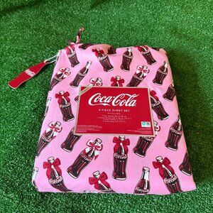 Coca-Cola Pink Coquette Bow Bedding 4PCS Sheets + 2 Pillowcase Set Twin Size NEW